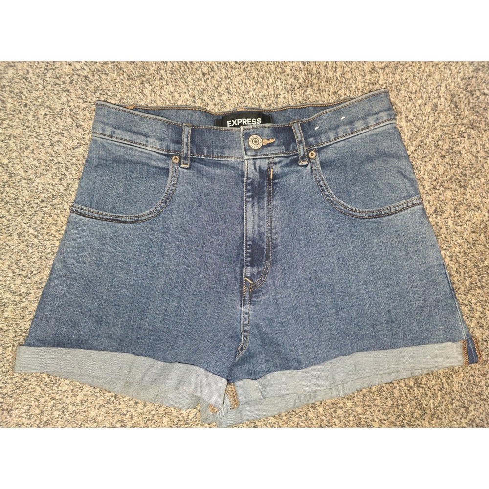 Express Womens Mom Shorts Shortie Super High Rise Cuffed Denim Blue Size 6